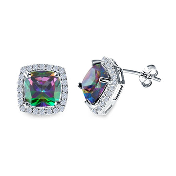 Cushion Cut Stud Earrings Simulated Rainbow CZ 925 Sterling Silver